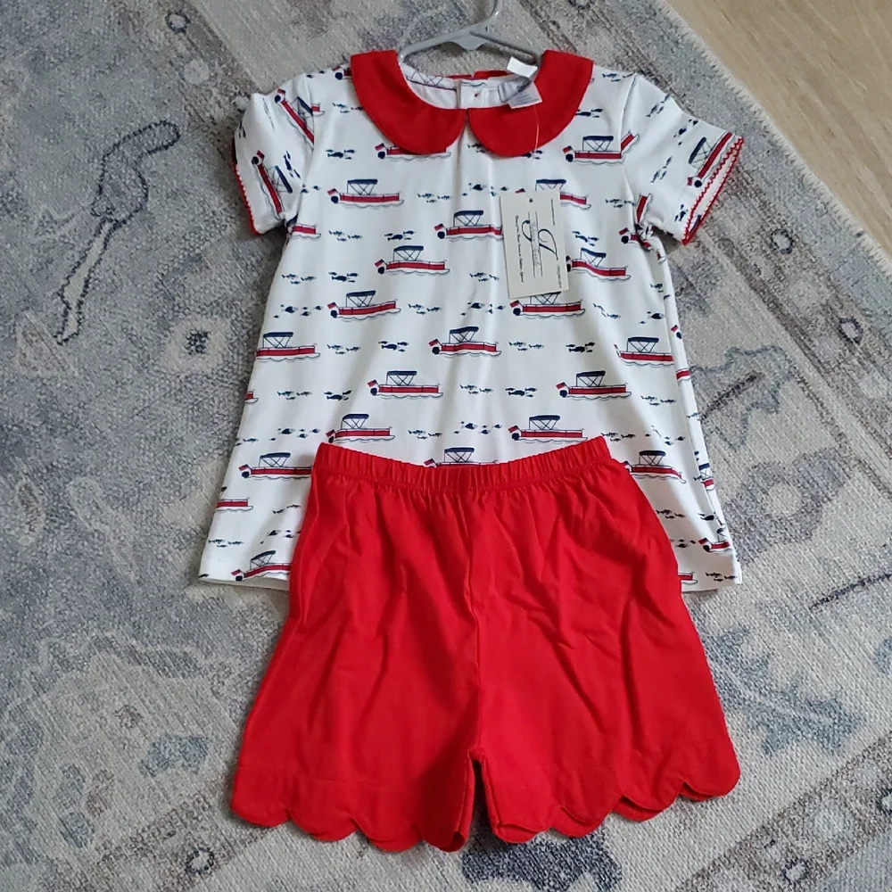 NWT Ishtex Girls Coastal Nautical Boat Matching Set Outfit Red White Blue Sz4/4T